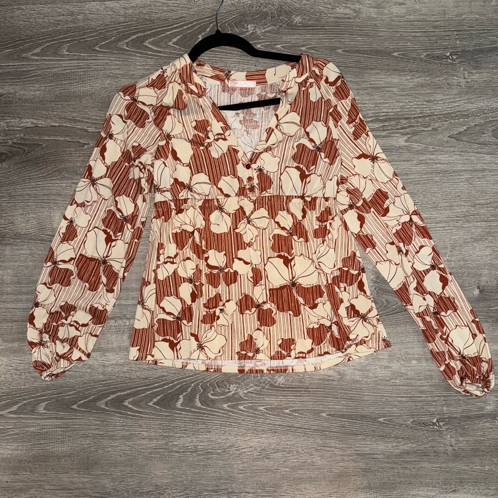 Lux Brown Pleated Long Sleeve Blouse